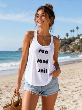 Banana Republic White Graphic Racerback Tank - 'Sun Sand Sail'